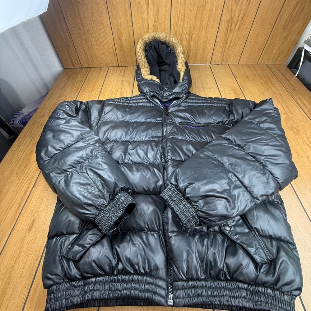 Adidas Originals Mens Puffer Jacket Black Faux Fur Hood Purple Lining Large